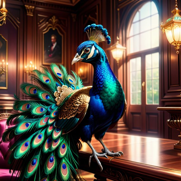 Ilustración de un pavo real en guantes en la casa