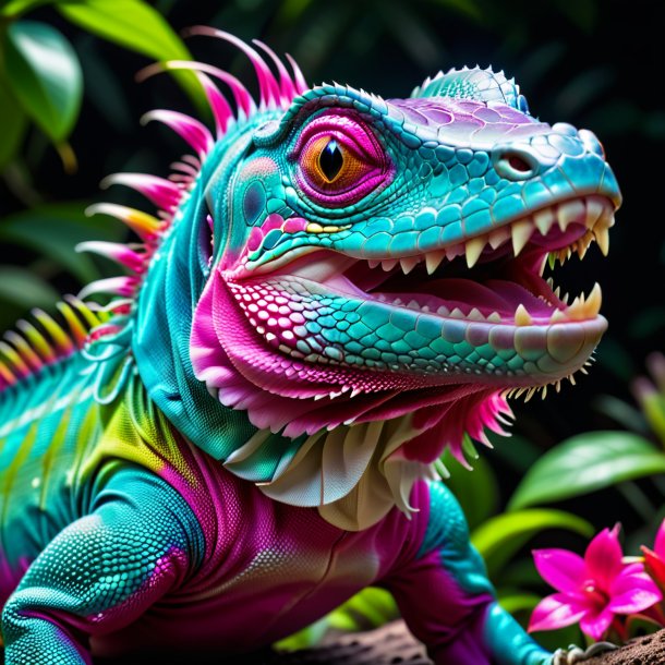 Foto de una iguana sonriente fucsia