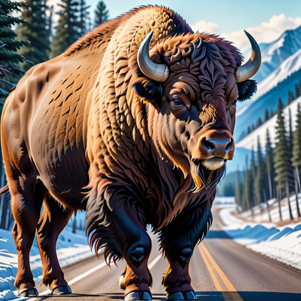 Illustration of a bison in a coat on the road