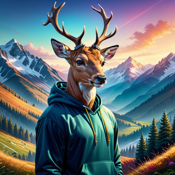 Illustration d'un cerf dans un sweat à capuche dans les montagnes