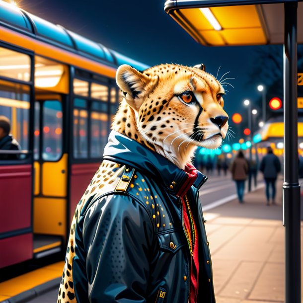 Drawing of a cheetah in a jacket on the bus stop