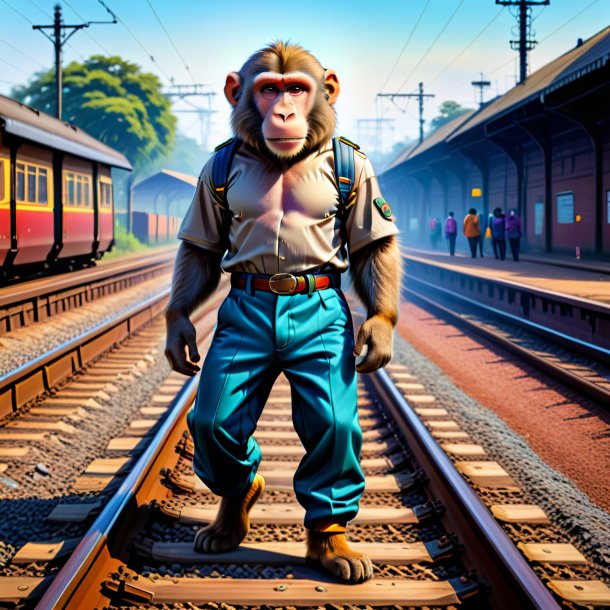 Drawing of a baboon in a trousers on the railway tracks