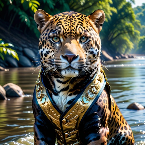 Foto de un jaguar en un chaleco en el río