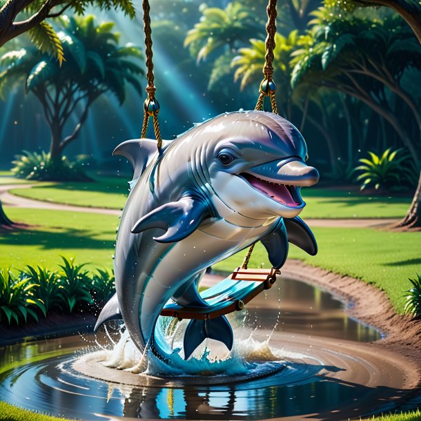 Image of a swinging on a swing of a dolphin in the puddle