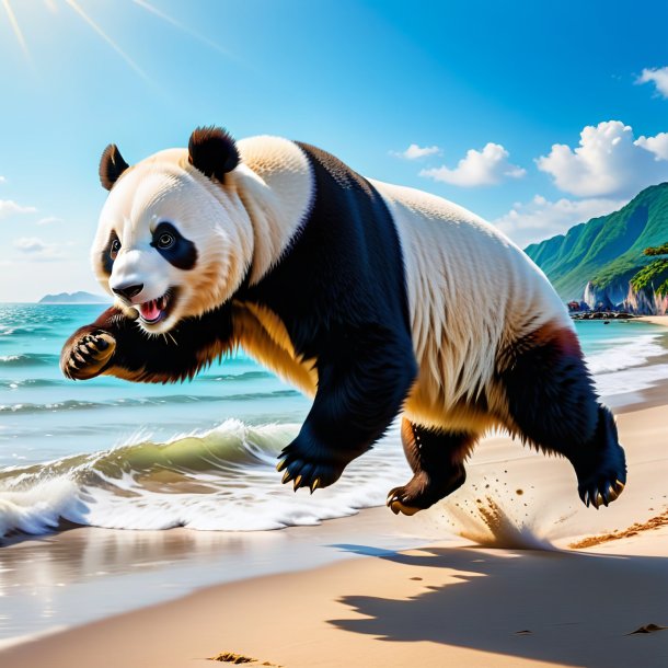 Photo of a jumping of a giant panda on the beach