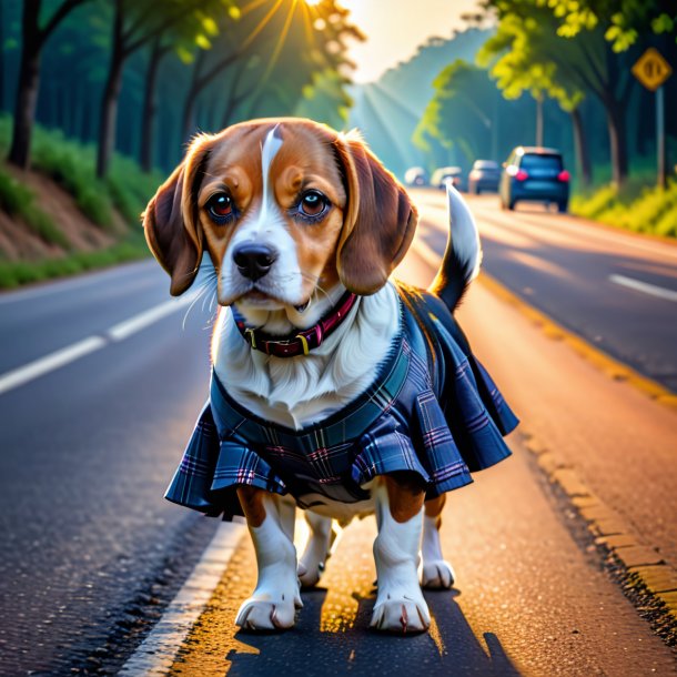 Picture of a beagle in a skirt on the road