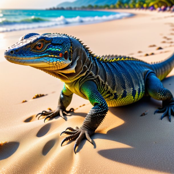 Retrato de um jogo de um lagarto monitor na praia