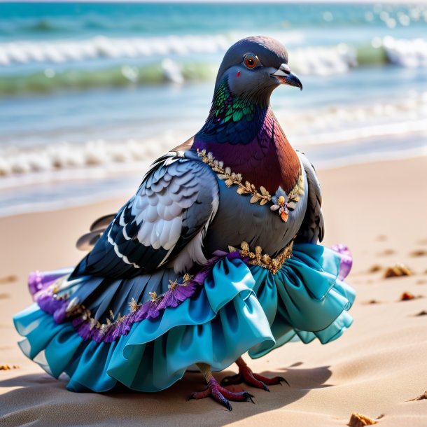 Photo of a pigeon in a dress on the beach