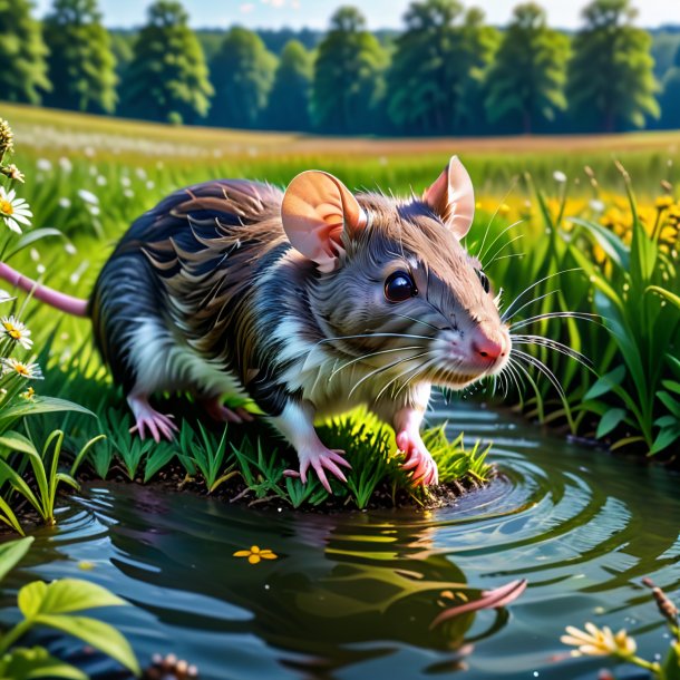 Pic d'une baignade d'un rat dans la prairie