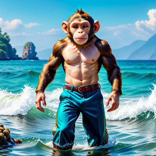 Picture of a monkey in a trousers in the sea