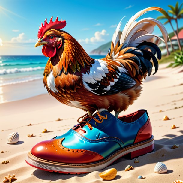 Ilustração de uma galinha em um sapatos na praia