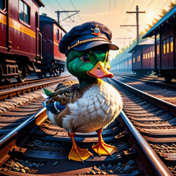 Desenho de um pato em um boné nos trilhos ferroviários