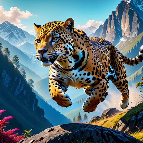 Picture of a jumping of a jaguar in the mountains