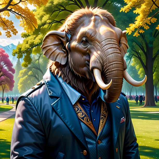 Illustration of a mammoth in a jacket in the park