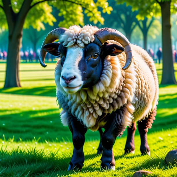 Photo of a sheep in a gloves in the park