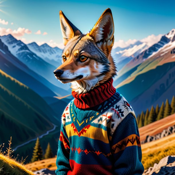 Photo of a jackal in a sweater in the mountains