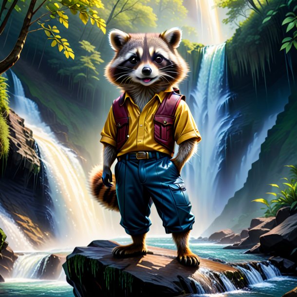 Drawing of a raccoon in a trousers in the waterfall