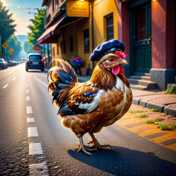 Foto de uma galinha em um boné na estrada