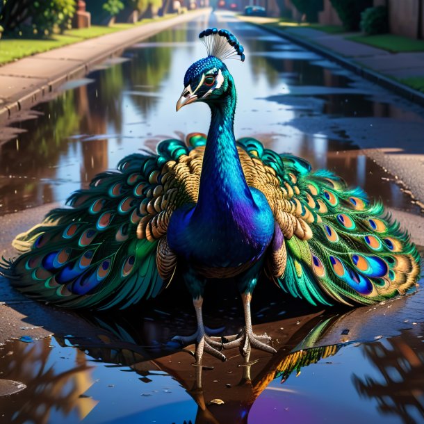 Drawing of a peacock in a belt in the puddle