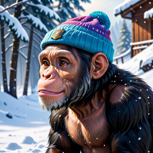 Photo of a chimpanzee in a cap in the snow