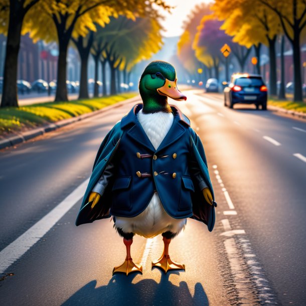 Pic d'un canard dans un manteau sur la route