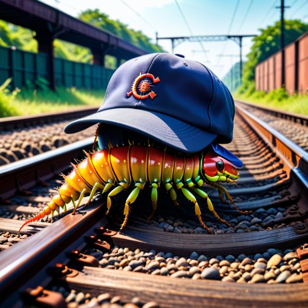 Image of a centipede in a cap on the railway tracks