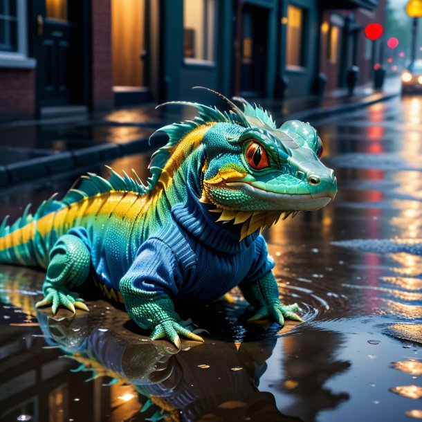 Foto de un basilisk en un suéter en el charco