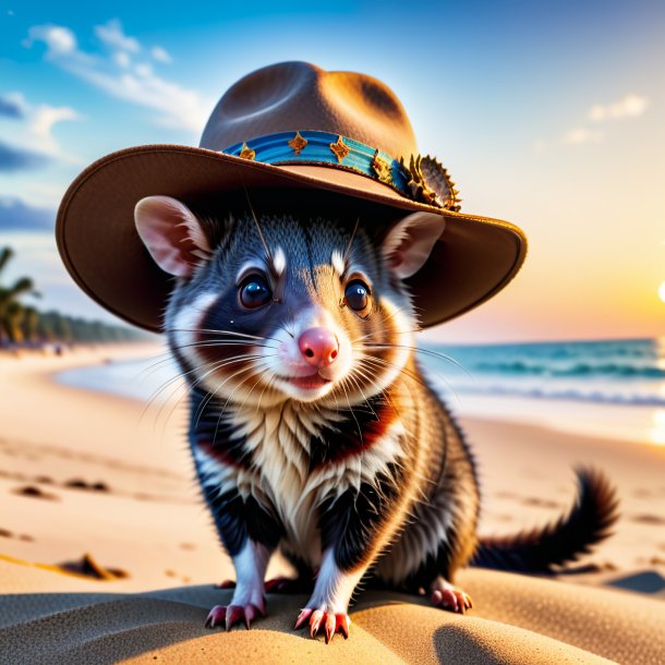 Foto de una zarigüeya en un sombrero en la playa