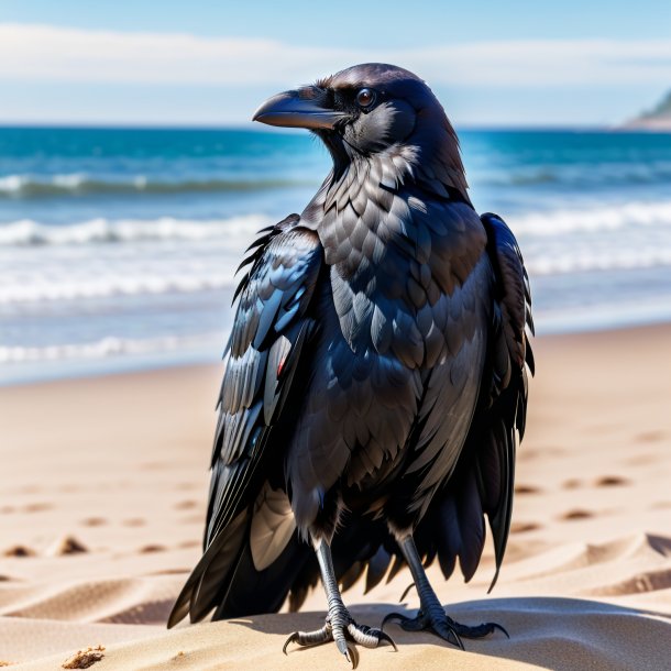 Foto de um corvo em um casaco na praia