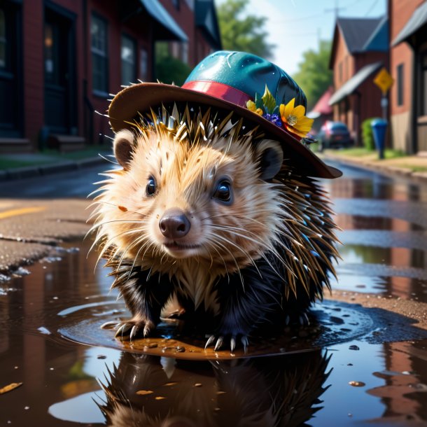 Drawing of a porcupine in a hat in the puddle