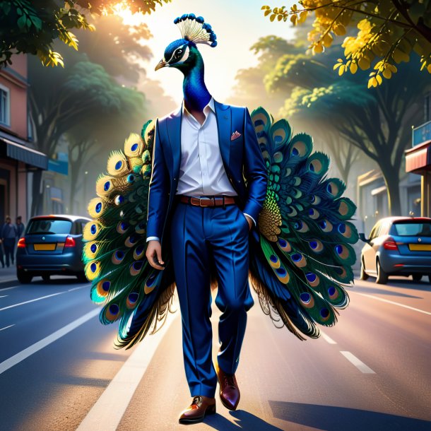 Illustration of a peacock in a trousers on the road