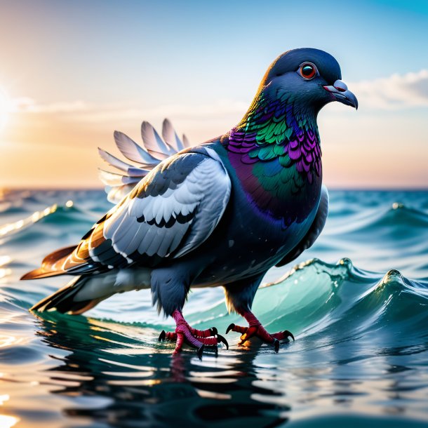 Image of a pigeon in a gloves in the sea