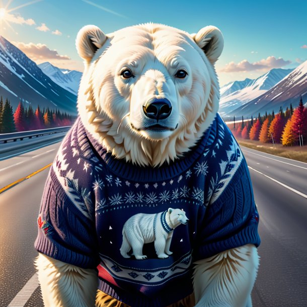 Ilustração de um urso polar em um suéter na estrada