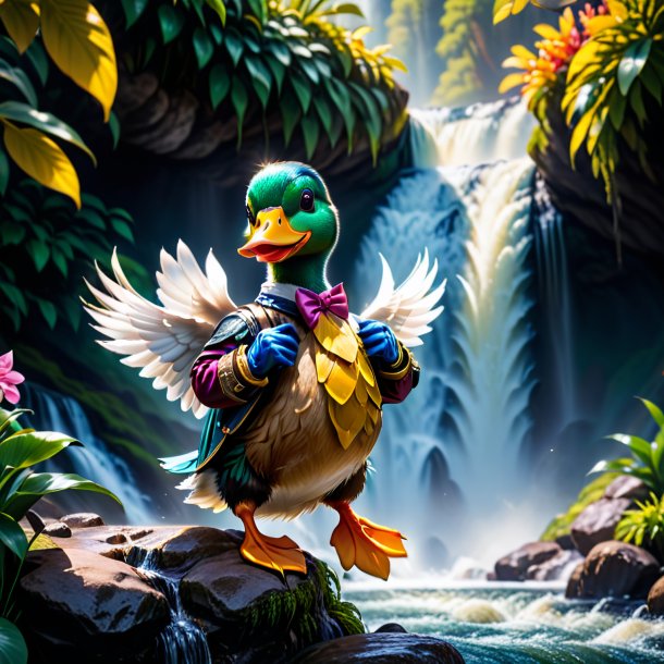 Foto de un pato en guantes en la cascada