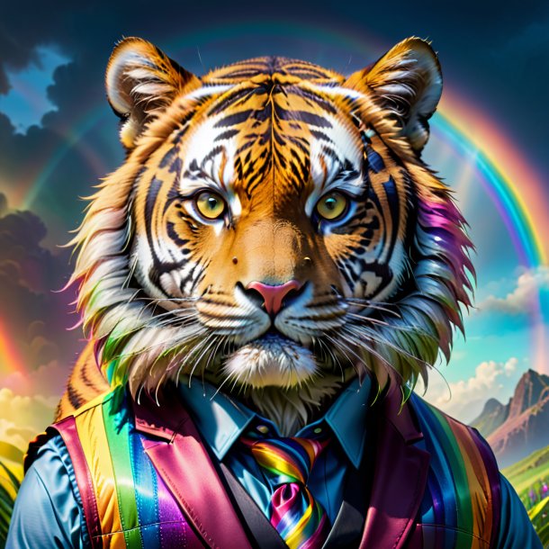 Image of a tiger in a vest on the rainbow