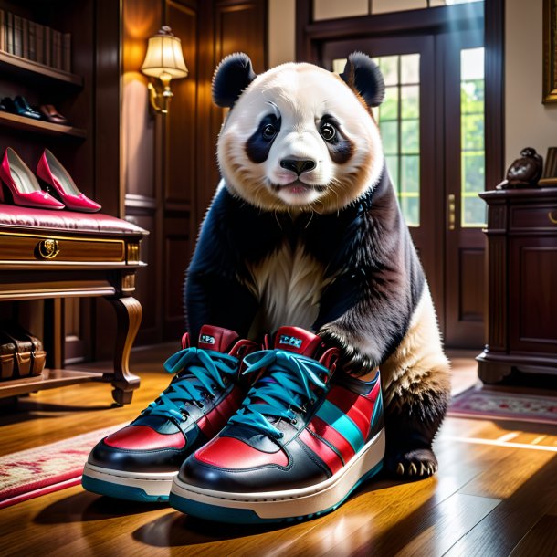 Foto de un panda gigante en un zapato en la casa