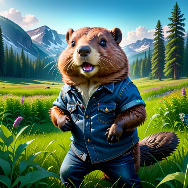 Pic of a beaver in a jeans in the meadow