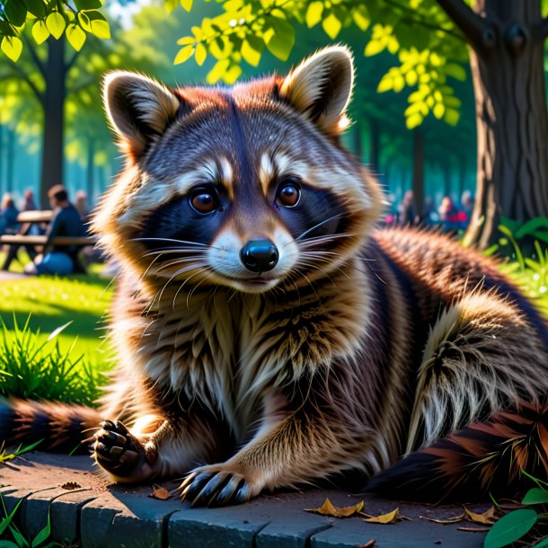 Photo of a resting of a raccoon in the park