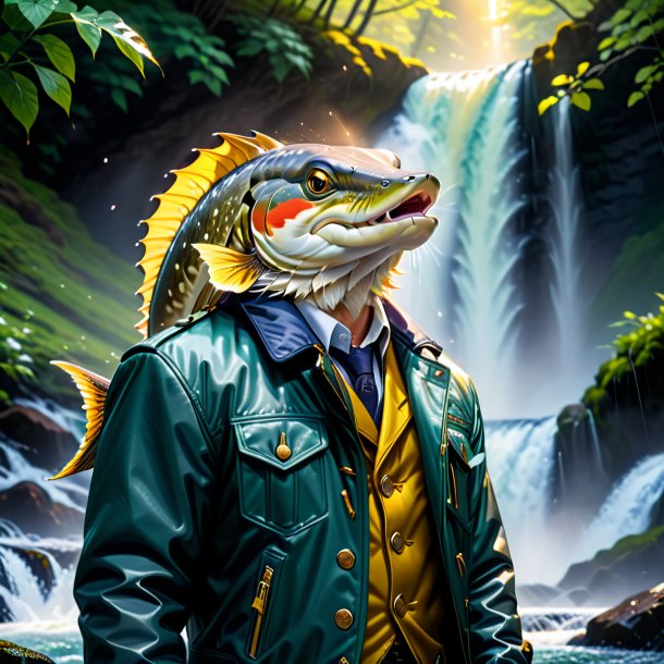 Image of a pike in a jacket in the waterfall