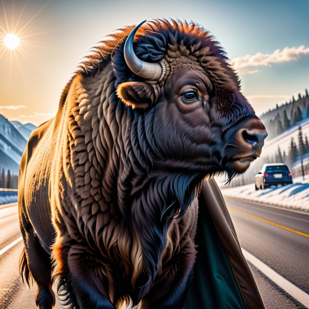 Photo of a bison in a coat on the highway