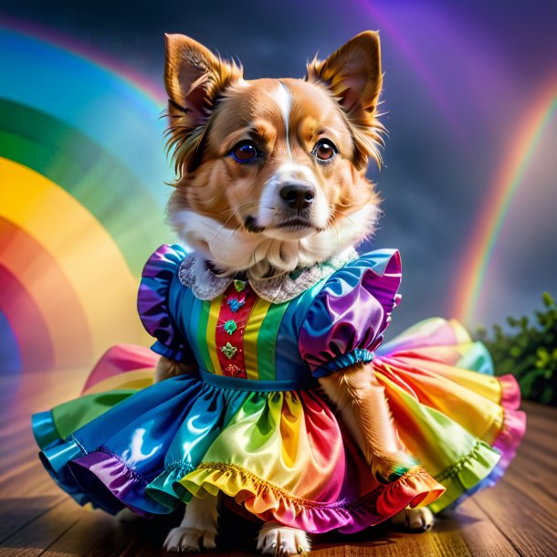 Foto de um cão em um vestido no arco-íris