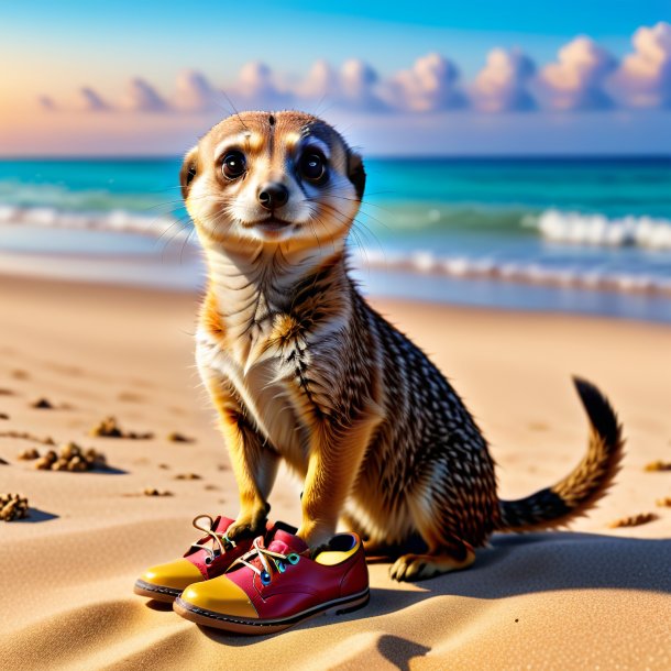 Foto de un suricato en un zapato en la playa