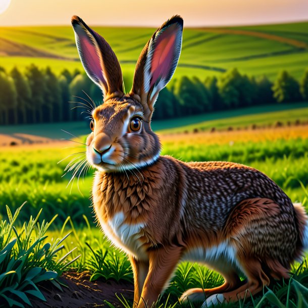 Photo of a waiting of a hare on the field