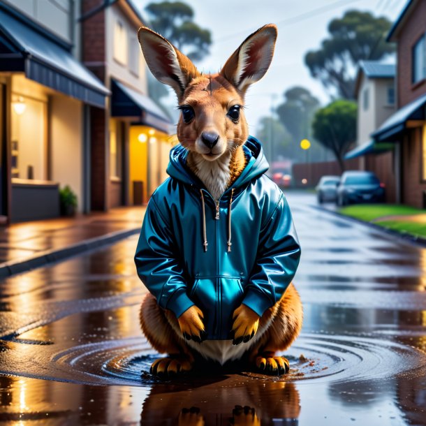 Picture of a kangaroo in a hoodie in the puddle