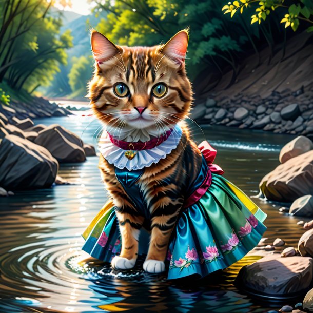 Drawing of a cat in a skirt in the river