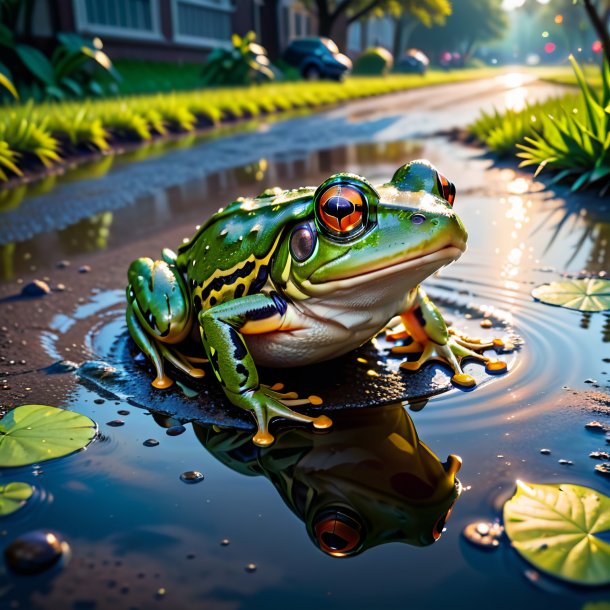 Photo of a playing of a frog in the puddle