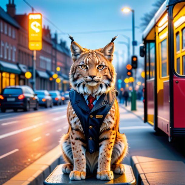 Foto de um lince em um colete no ponto de ônibus