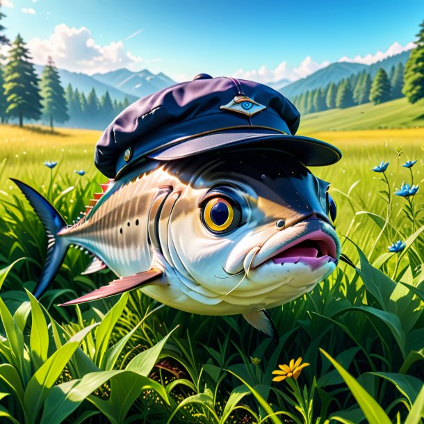 Pic of a tuna in a cap in the meadow