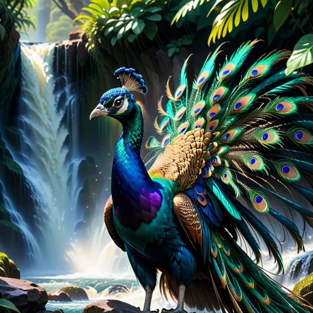 Foto de un enojado de un pavo real en la cascada