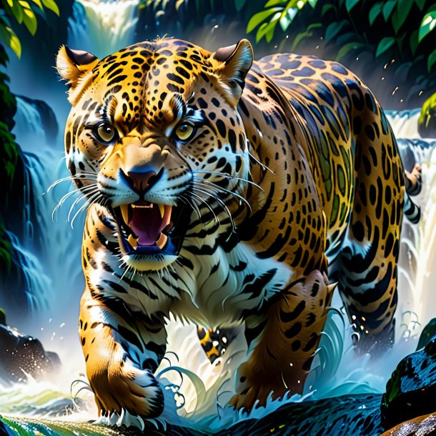 Pic of a angry of a jaguar in the waterfall